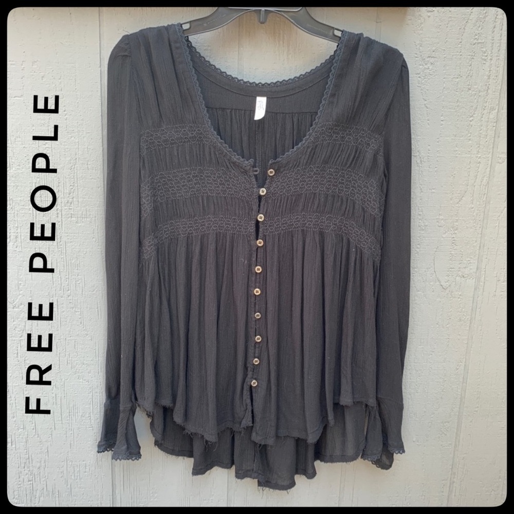 Free People Black Lace Collar Button Down Tunic S